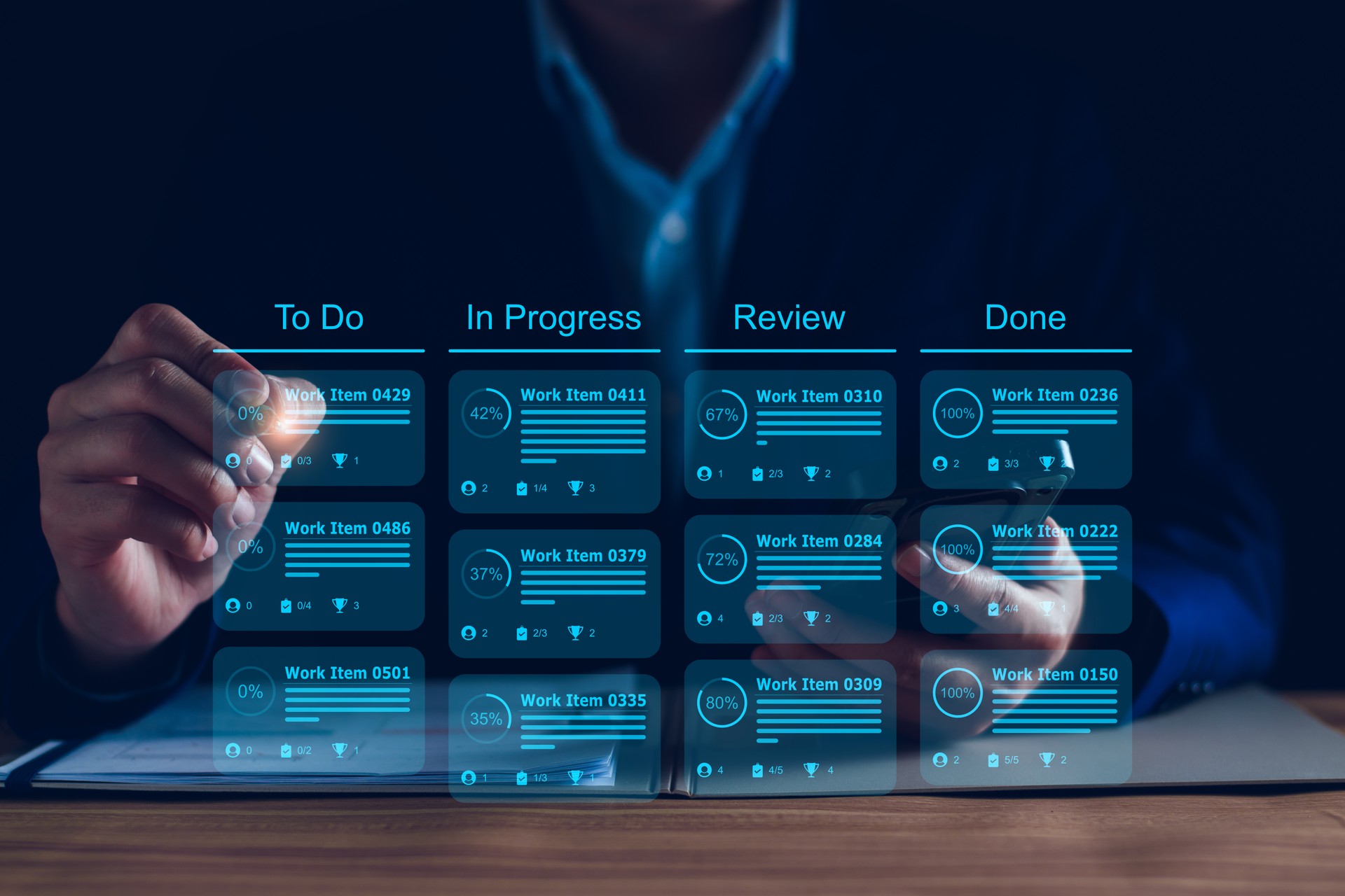 Agile software development or project management using kanban or scrum methodology boards on screen. Process, workflow, visual organisation tools and framework. Developer touching virtual interface.